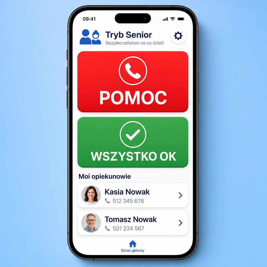 Ekran Trybu Senior z przyciskami POMOC i WSZYSTKO OK